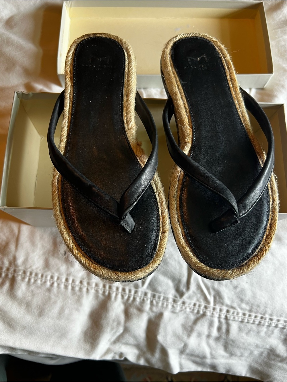 Marc Fisher Black Leather Espadrille-Trim Flip Flops